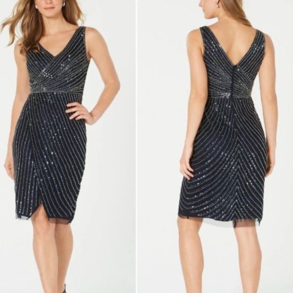 Adrianna Papell Navy Beaded V-Neck Cocktail Dress